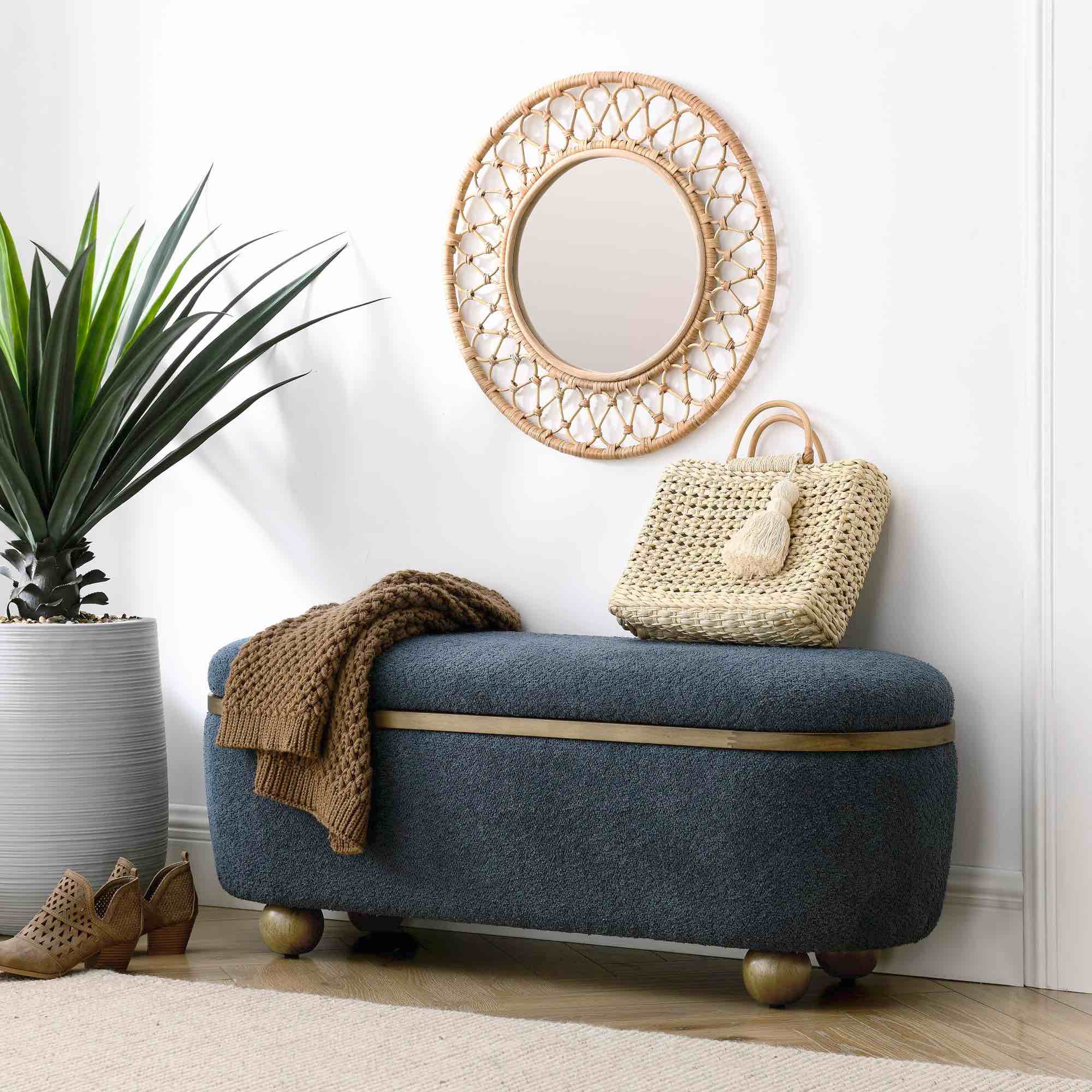 Storage Ottoman Bench with Spherical Legs, Upholstered Loop Yarn Entrance Benches with Storage, Large Blanket Bench for Living Room Bedroom Corridors, and Bed Ends-Dark Blue