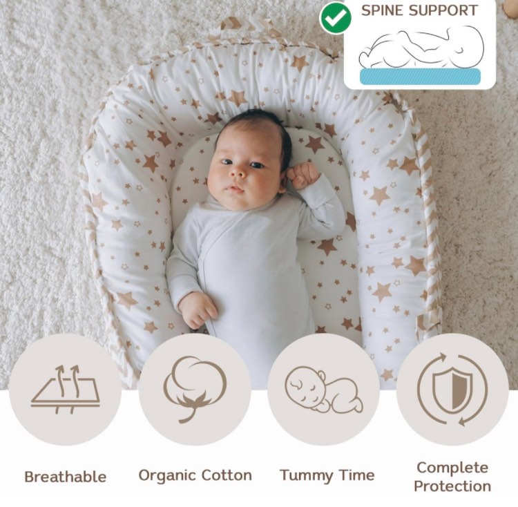 Baby Nest, Baby Lounger, Organic Cotton Lounger for Baby, Reversible Breathable Adjustable Portable - Star Collection (White/Tan)