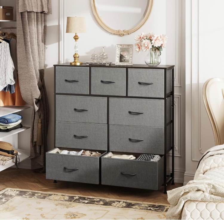 WLIVE 9-Drawer Dresser, Fabric Storage Tower for Bedroom, Hallway, Entryway, Closet, Tall Chest Organizer Unit with Fabric Bins, Steel Frame, Wood Top, Easy Pull Handle, Dark Grey