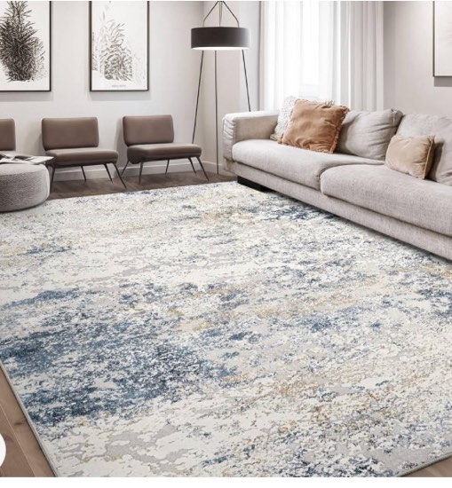 Area Rug Living Room Rugs - 8x10 Abstract Large Soft Indoor Washable Rug Neutral Modern Low Pile Carpet for Bedroom Dining Room Farmhouse Home Office - Beige Blue