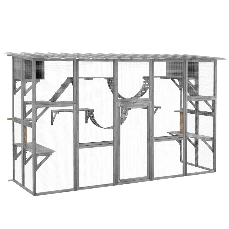 PawHut Catio Playground Cat Window Box Outside Enclosure for Multiple Cats w/ Shelves & Bridges, Gray