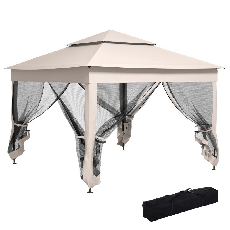 Outsunny 11' x 11' Pop Up Canopy, Outdoor Patio Gazebo Shelter with Removable Zipper Netting, Instant Event Tent w/ 114 Square Feet of Shade and Carry Bag for Backyard, Garden, Beige