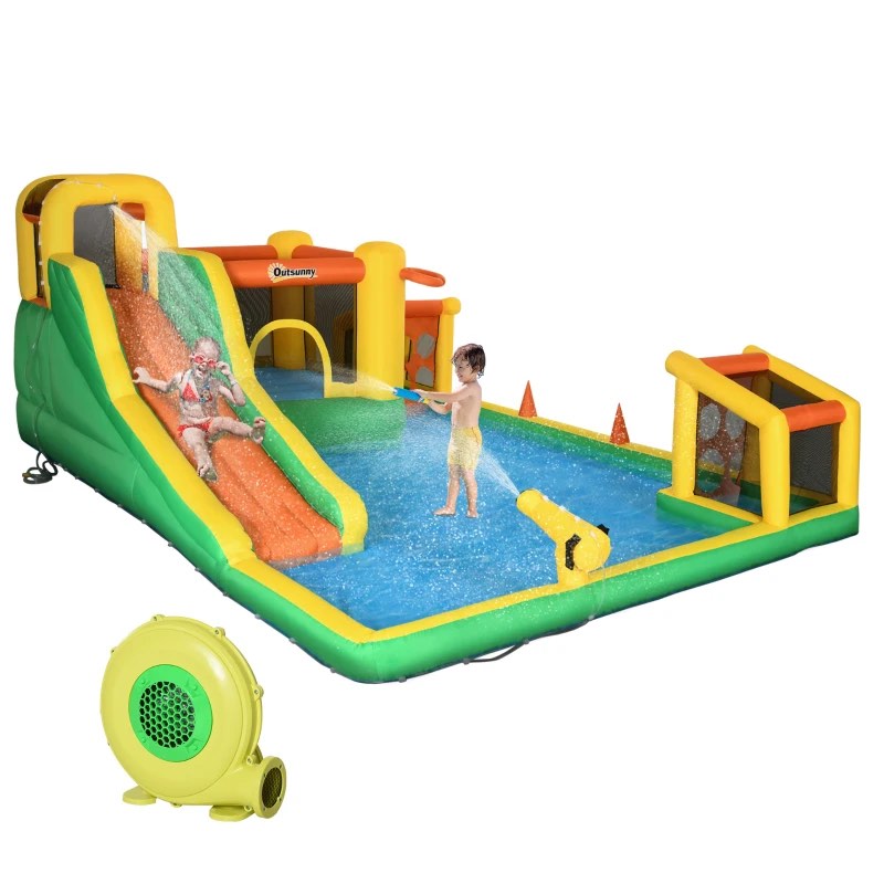 Outsunny 7-in-1 Inflatable Water Slide Kids Bounce House Water Park with Trampoline Pool, Carry Bag 450W Air Blower