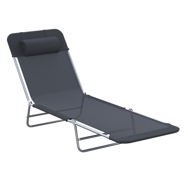 Outsunny Folding Chaise Lounge Pool Chairs, Outdoor Sun Tanning Chairs with Pillow, Reclining Back, Steel Frame & Breathable Mesh for Beach, Yard, Patio, Black 