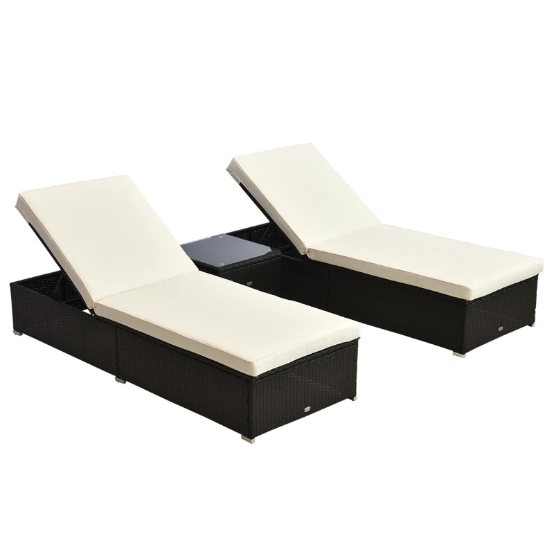 Outsunny Chaise Lounge Set of 2 with 5 Angle Backrest, Outdoor Coffee Table, Water Repellent Cushions, PE Rattan Wicker Poolside Chairs, 3-Piece Pool Furniture Set, Cream White