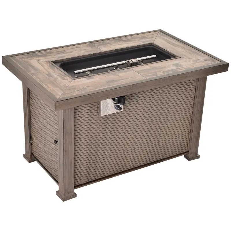 Outsunny 42" Propane Fire Pit Table, 50,000 BTU Wicker-effect Auto-Ignition Gas Fireplace Fire Pits with Ceramic Tabletop, Steel Base, Lid, Lava Rocks and Cover, CSA Certification, Grey
