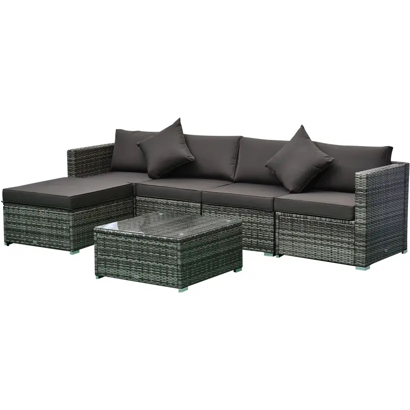 Outsunny 6 Piece Patio Furniture Set Outdoor Wicker Conversation Set All Weather PE Rattan Sectional Sofa Set with Ottoman, Cushions and Tempered Glass Table, Mixed Gray and Charcoal