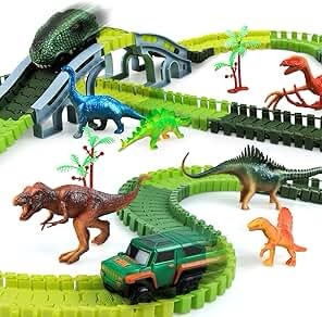 TEMI 348PCS Dinosaur Train Toys for Kids 3 4 5 6 7 Years, Longer Track, 6 Realistic Jurassic Dino Figures, 2 Electric Toy Car, Twisted Flexible Train Track Set for Toddlers, Boys & Girls