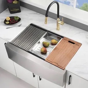 Lordear 33 Inch Farmhoue Double Bowl Sink 33X21 Double Bowl Farmhouse Kitchen Sink Stainless Steel 16 Gauge Double Bowl 50/50 Apront Front Farm Sink Basin Farmer Sink With Accessories