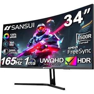 SANSUI 34-Inch Curved Gaming Monitor UWQHD 3440 x 1440 165Hz Curved 1500R - PIP/PBP, 1ms(MPRT), HDR, 300nits, sRGB 125%, DCI-P3 95%,FreeSync,HDMI x2,DP1.4 x2(ES-G34C5 DP Cable Included)