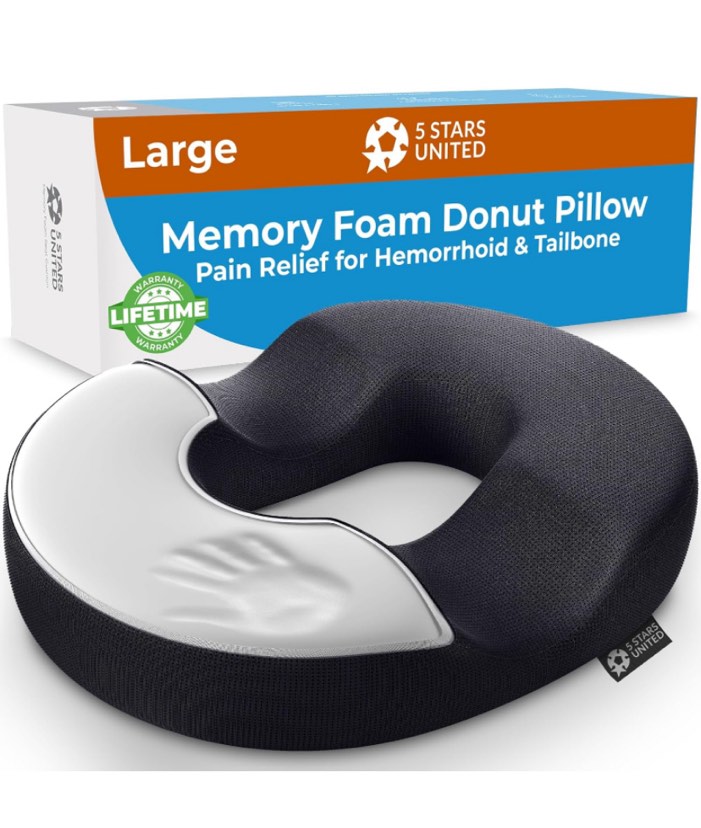 5 STARS UNITED Donut Pillow Hemorrhoid Tailbone Seat Cushion - Large Black Lifting Cushion Pain Relief for Coccyx, Prostate, Sciatica, Pelvic Floor, Pressure Sores, Pregnancy