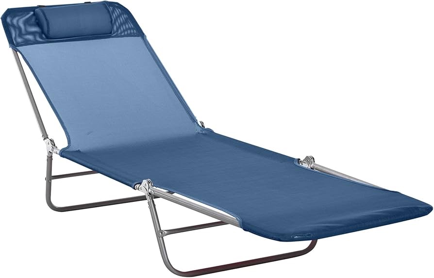 Outsunny Folding Chaise Lounge Chair, Pool Sun Tanning Chair, Outdoor Lounge Chair with Reclining Back, Breathable Mesh Seat, Headrest for Beach, Yard, Patio, Dark Blue