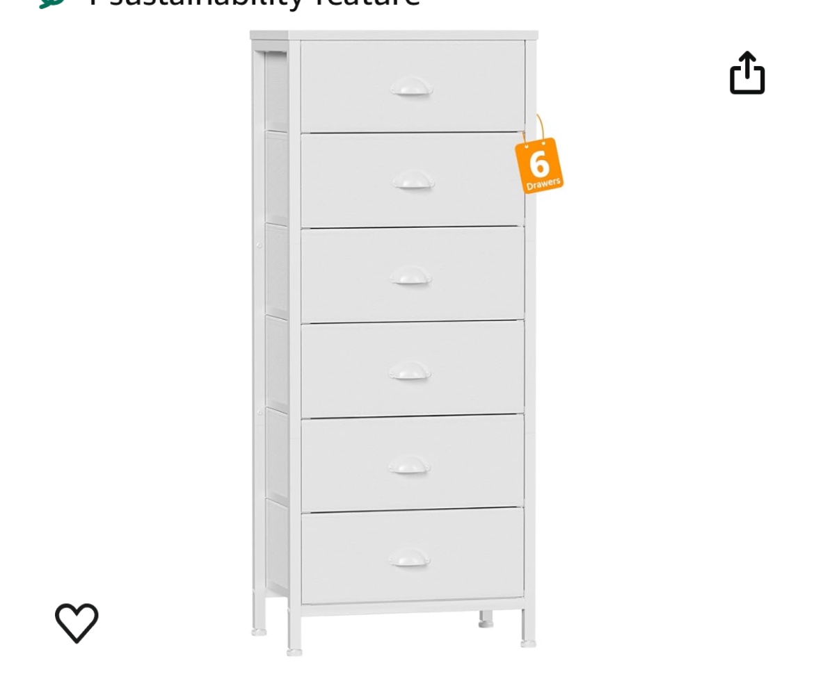 Furnulem Tall Dresser for Bedroom,Vertical Storage Tower Unit and Nightstand with 6 Drawers, White Furniture with Fabric Drawer Organizer in Living Room,Closet,Entryway,Hallyway