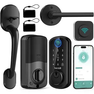 Smart WiFi Front Door Lock: Hornbill Keyless Entry Fingerprint Deadbolt with Handle Set Electronic Digital Keypad Door Locks APP Remote Control Alexa Auto Lock Black