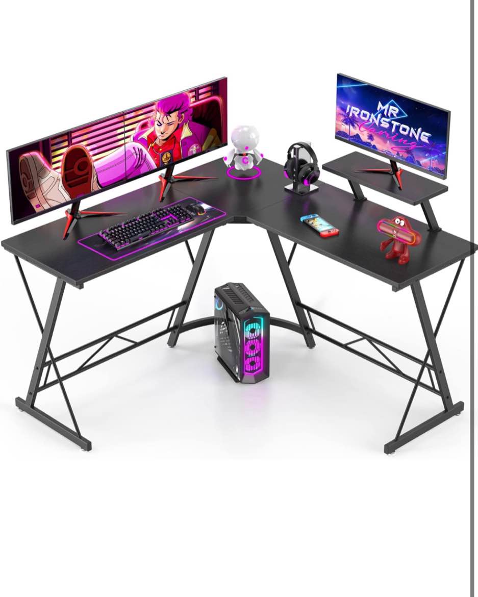 Mr IRONSTONE L Shaped Gaming Desk Corner Computer Desk, Home Office Desks Writing Workstation with Large Monitor Stand, Easy to Assemble (Black,51 Inch)