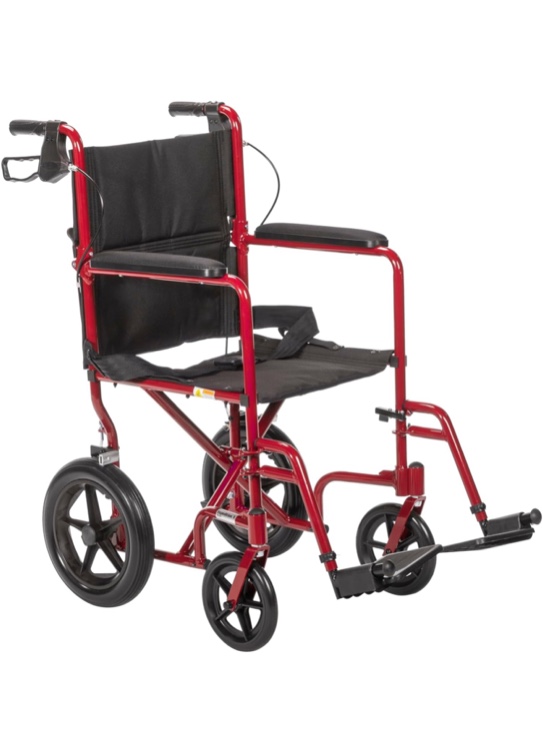 Drive Medical EXP19LTRD Lightweight Expedition Folding Transport Wheelchair with Hand Brakes, Ultra Lightweight Transport Chair for Seniors and Adults, Red