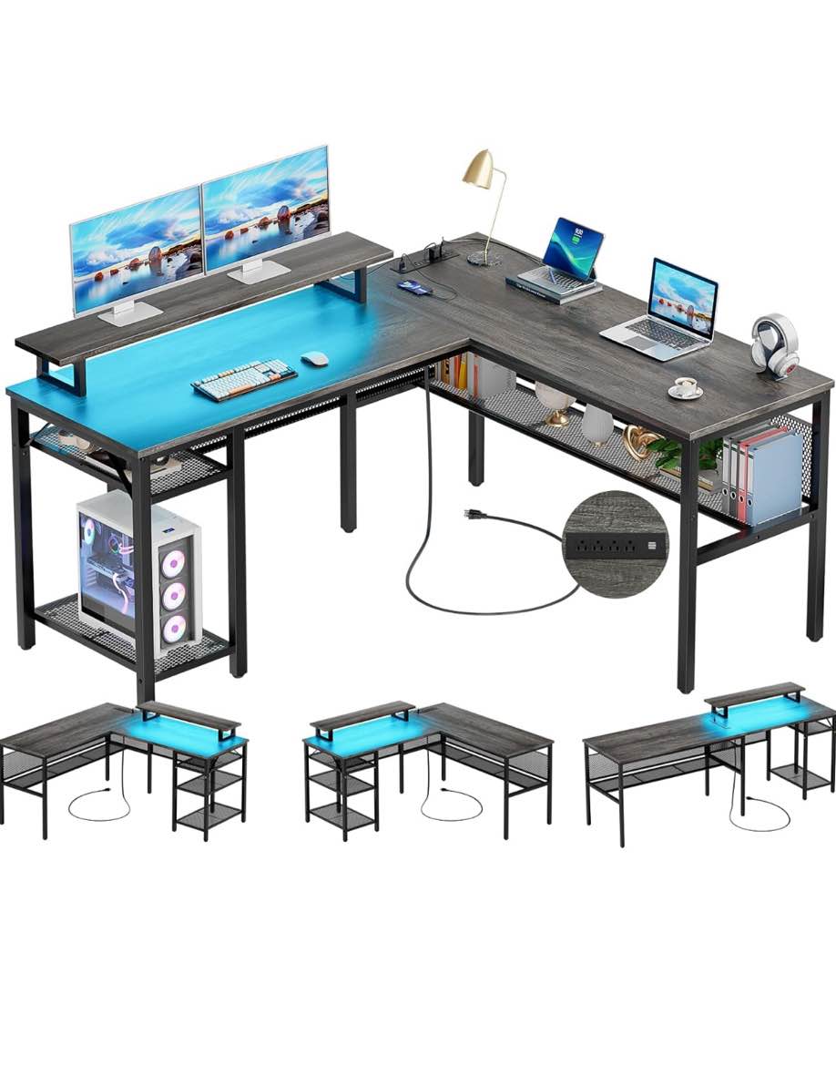 Unikito L Shaped Computer Desk with Magic Power Outlets and Smart LED Light, Reversible 55 Inch Corner Office Desk with Monitor Stand, Unique Grid Design, Gaming Table with Storage, Black Oak