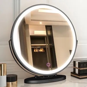 Erkki Round Lighted Metal Framed Mounts To Dresser Makeup / Shaving Mirror - Black