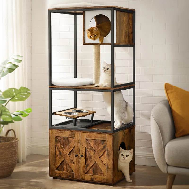 Kimmel 58" Cat Condo with Litter Box Enclosure and Elevated Bowls Rustic Brown