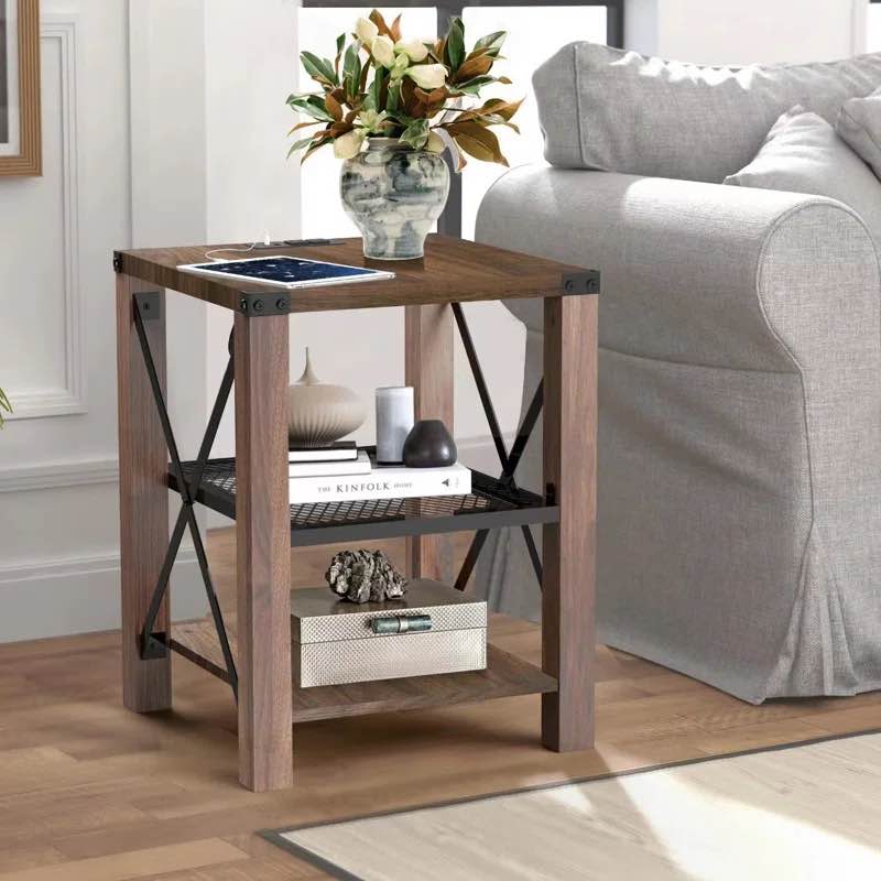 Eidelweiss Tall End Table Nightstand with 2 USB Ports, 2 Power Outlets, and 2 Storage Shelves