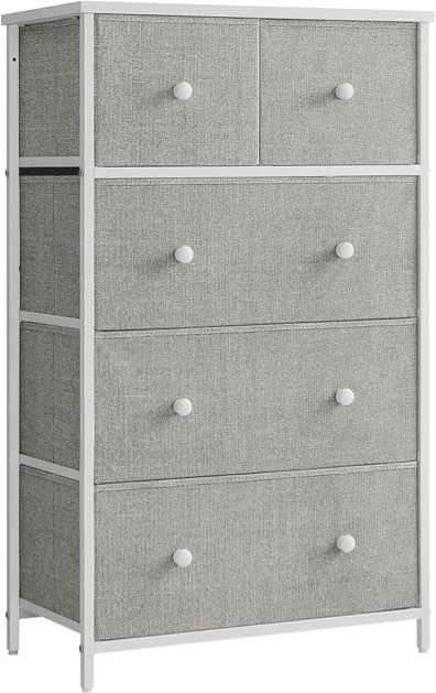 SONGMICS Chest of Drawers, Fabric 5-Drawer Storage Organiser Unit, Dresser, for Living Room, Hallway, Nursery, Light Grey and White LTS514L10