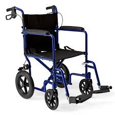 Medline Lightweight Foldable Transport Wheelchair with Handbrakes and 12-Inch Wheels  Blue Frame  Black Upholstery