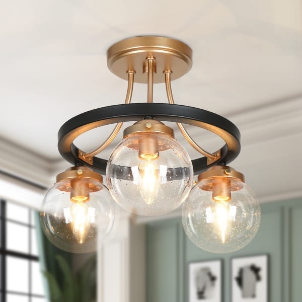Modern Farmhouse 3-Light Black Gold Semi-Flush Mount Glass Ceiling Light - 14.5" D x 12" H
