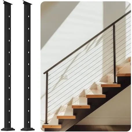 CHR Fence & Rail Cable Railing Post Set, 2pcs Black Cable Railing Corner Post, 36 inch Powder Coated Fence Post, Metal Posts for Cable Railing, Deck Railing, Porch, Balcony, & Indoor or Outdoor (36")