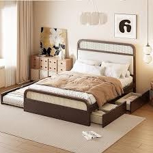 Queen Size Wooden Platform Bed With storage drawers 