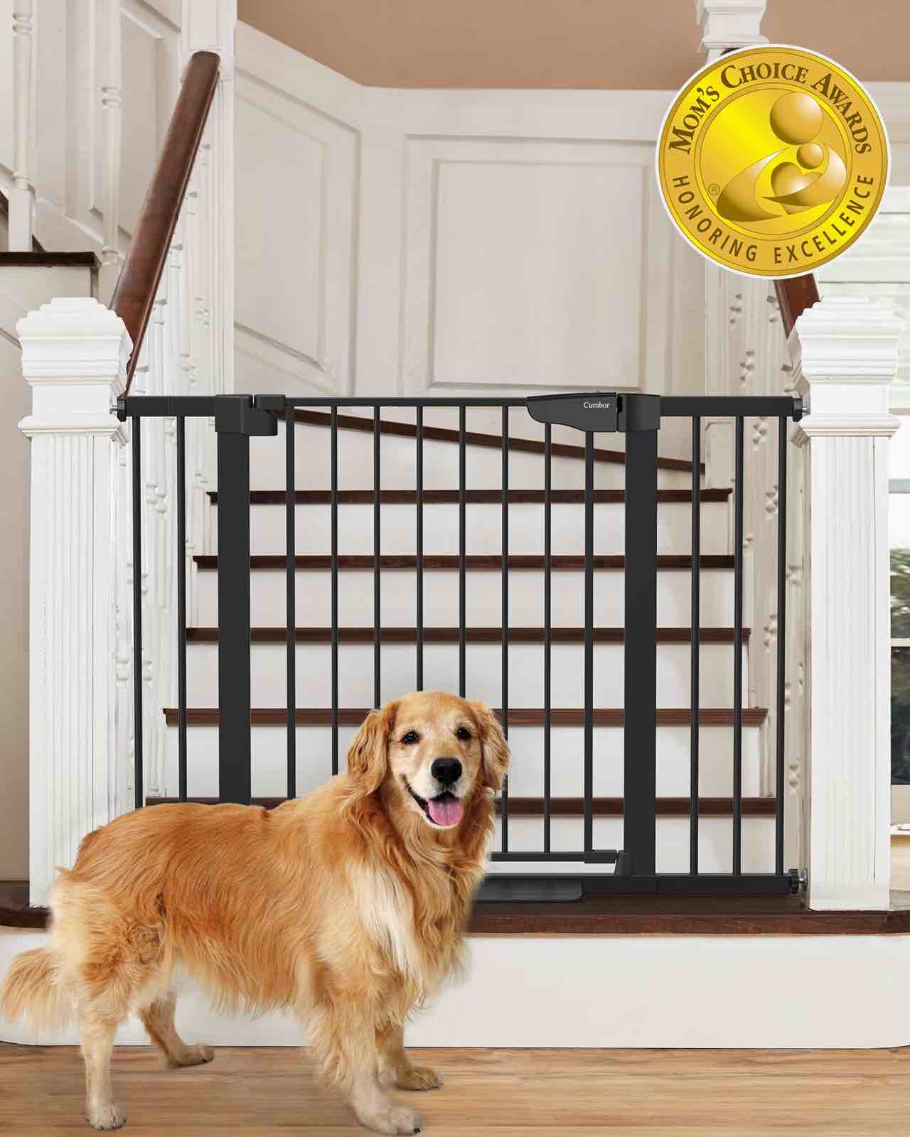 Cumbor 29.7-46" Baby Gate for Stairs, Mom's Choice Awards Winner-Auto Close Dog Gate for the House, Easy Install Pressure Mounted Pet Gates for Doorways, Easy Walk Thru Wide Safety Gate for Dog, Black