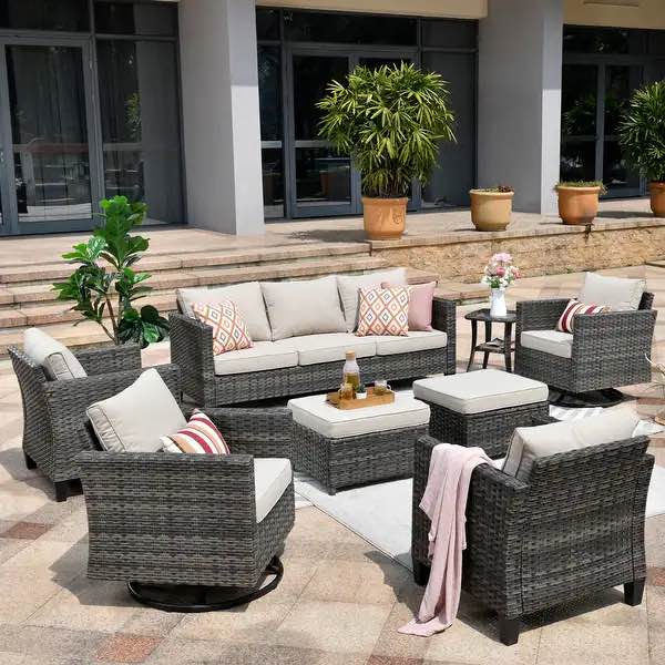 OVIOS 8-piece Patio Conversation Wicker Furniture Set Swivel Chair Set - Beige