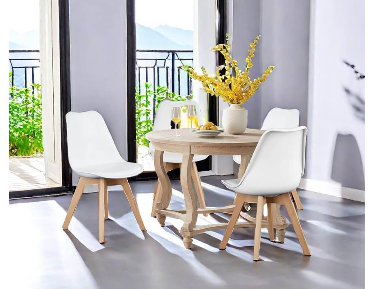 Modern Dining Chairs Set of 4, Kitchen Chair with Wood Legs, Leather Upholstered Lounge Comfy Dining Room Table Chairs for Living Room Bedroom, White