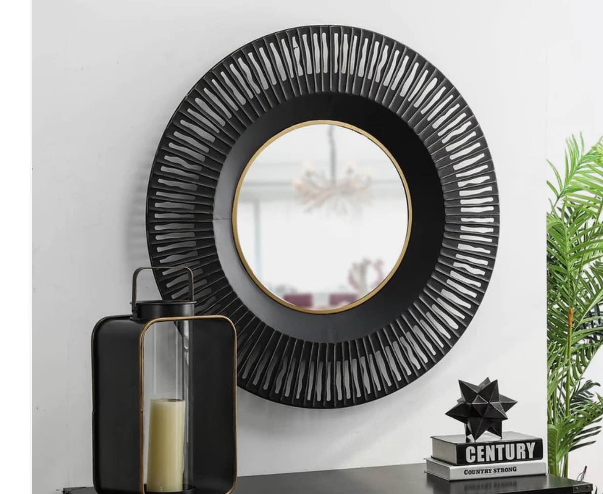 Glitzhome 35"D Oversized Industrial Black Gold Metal Wall Mirror Bathroom-vanity Drawing Room Decor