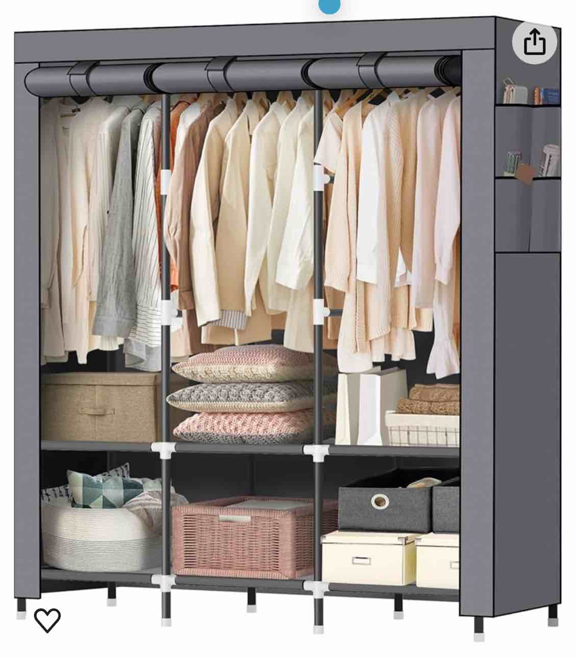 LOKEME Portable Closet, Wardrobe Closet with 3 Hanging Rods and 6 Storage Shelves, Gray Closet, Easy to Assemble Portable Closets for Hanging Clothes with 4 Side Pockets