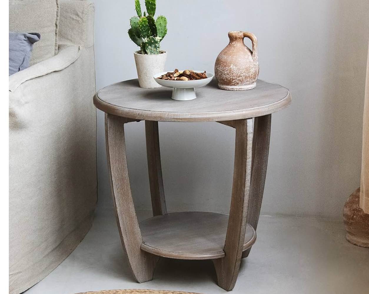 Rustic Farmhouse end Table with Storage Shelf, French Country Accent Side Table for Family, Dinning or Living Room, Small Spaces, Modern, Round, Vintage Grey Finish.