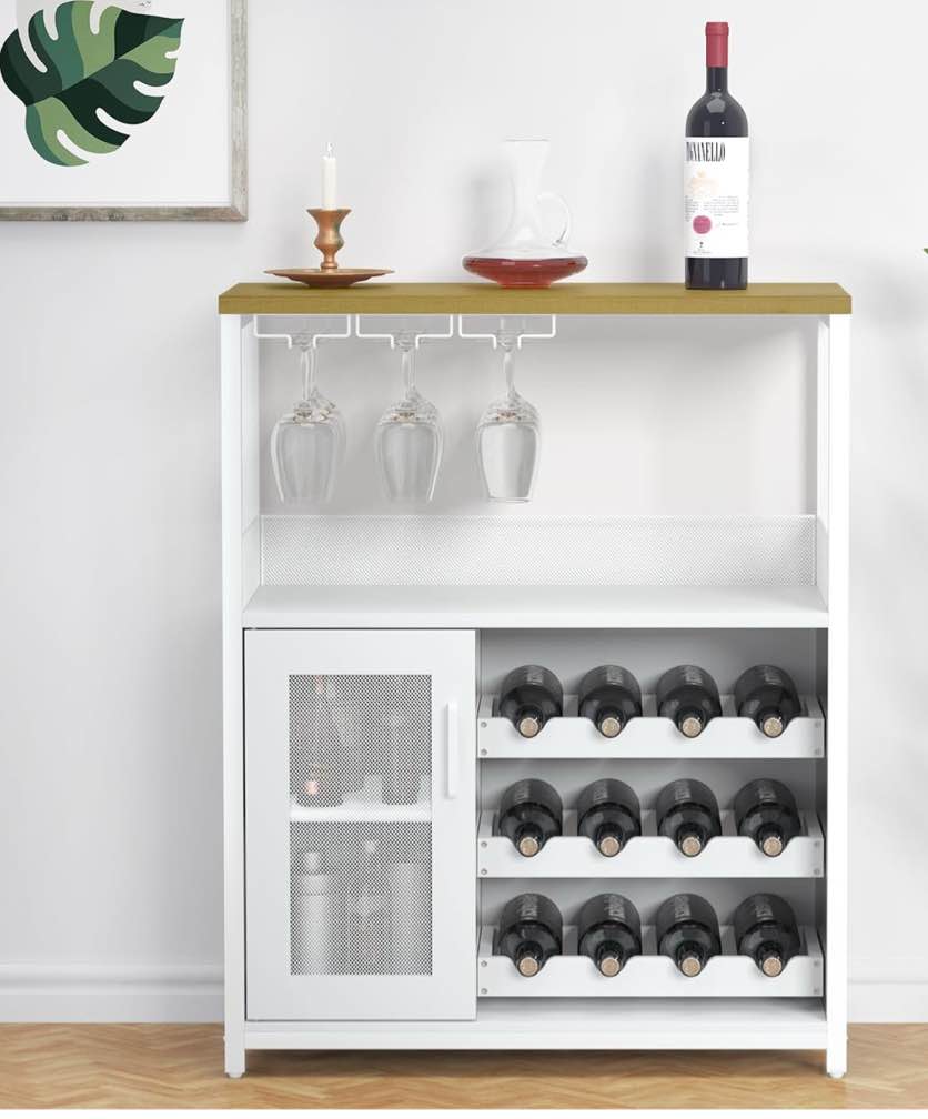 IDEALHOUSE 3-Tier Wine Bar Cabinet with Detachable Wine Rack and Storage Space, Buffet Cabinet with Glass Holder and Mesh Door, for Kitchen, Living Room and Bar (White) 