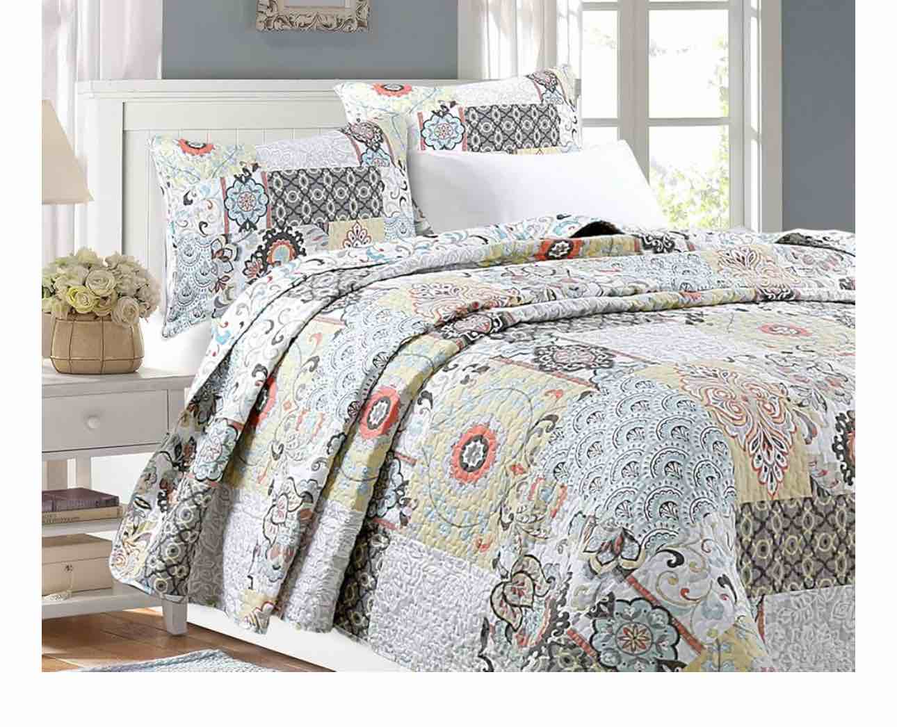 Cozy Line Home Fashions Moorea Floral Gray Yellow Coral Aqua Blue Patchwork Microfiber Reversible Bedding Quilt Set, Coverlet, Bedspread (Fleur-de-lis, King - 3 Piece)
