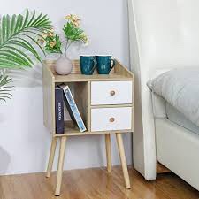 Bedside Table with Storage Drawers Mid Century Modern Nightstand with Vertical Open Storage Compartment and Solid Wood Legs, Small End Table for Small Space,Bedroom Natural White