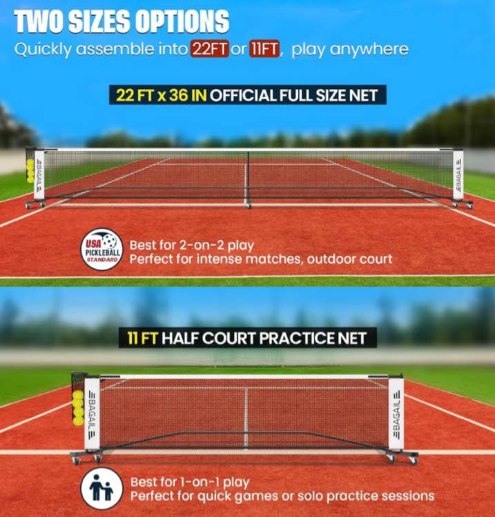 BAGAIL Portable Pickleball Net Set with Wheels, 22 FT Regulation Size & 11 FT Half Court Size 2-in-1 Pickle Ball Net with Ball Collector, Carry Bag, Easy Setup for Outdoor Indoor Driveway