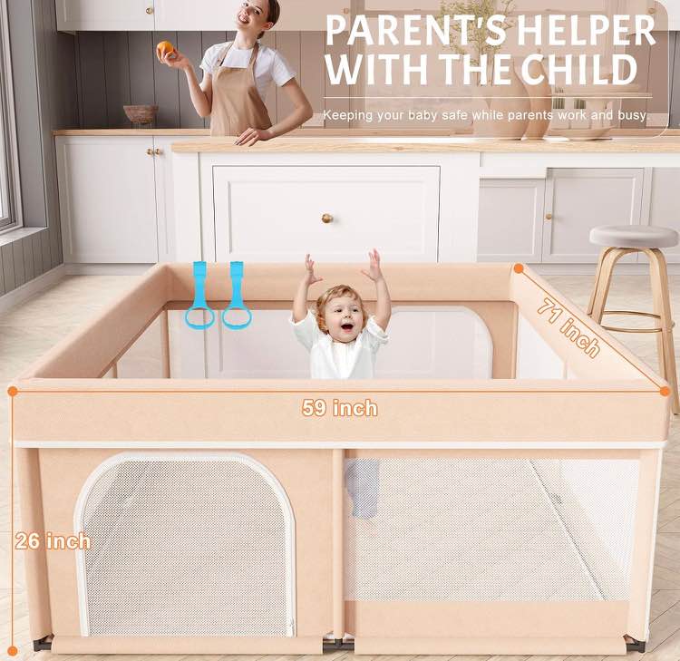Baby Playpen with Mat 71"×59" - Extra Large Playpen for Babies and Toddlers with Mat Included, Safety Playard for Baby with Gate, All-Wrapped Soft Sponge Baby Gate Playpen with Stable Mat Velcro