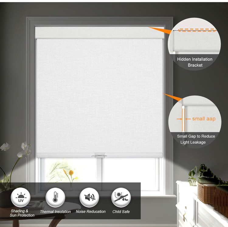 Persilux Custom Size Blackout Roller Shades & Blinds Windows Shades Free-Stop Blackout Blinds with Jacquard Fabric,Cordless Blinds Pull Down Shades for Home, Easy to Install for Door/Office, White