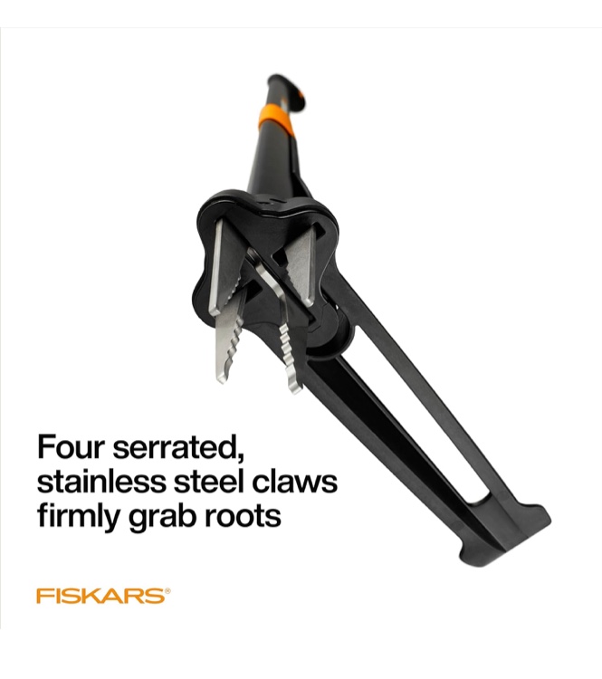 Fiskars 4-Claw Stand Up Weeder - Gardening Hand Weeding Tool with 39" Long Ergonomic Handle - Easy-Eject Mechanism - Black/Orange