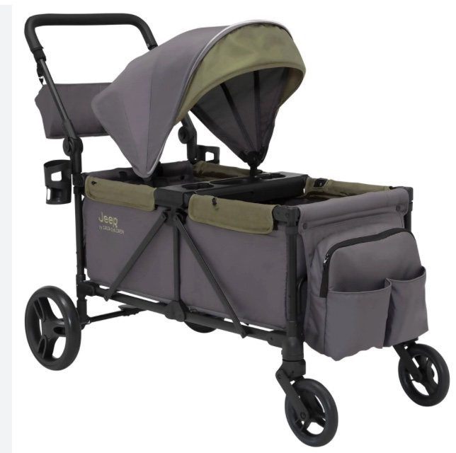 Jeep Sport All-Terrain Stroller Wagon by Delta Children - Includes Canopy  Parent Organizer  Adjustable Handlebar  Snack Tray & Cup Holders  Grey/Olive Green