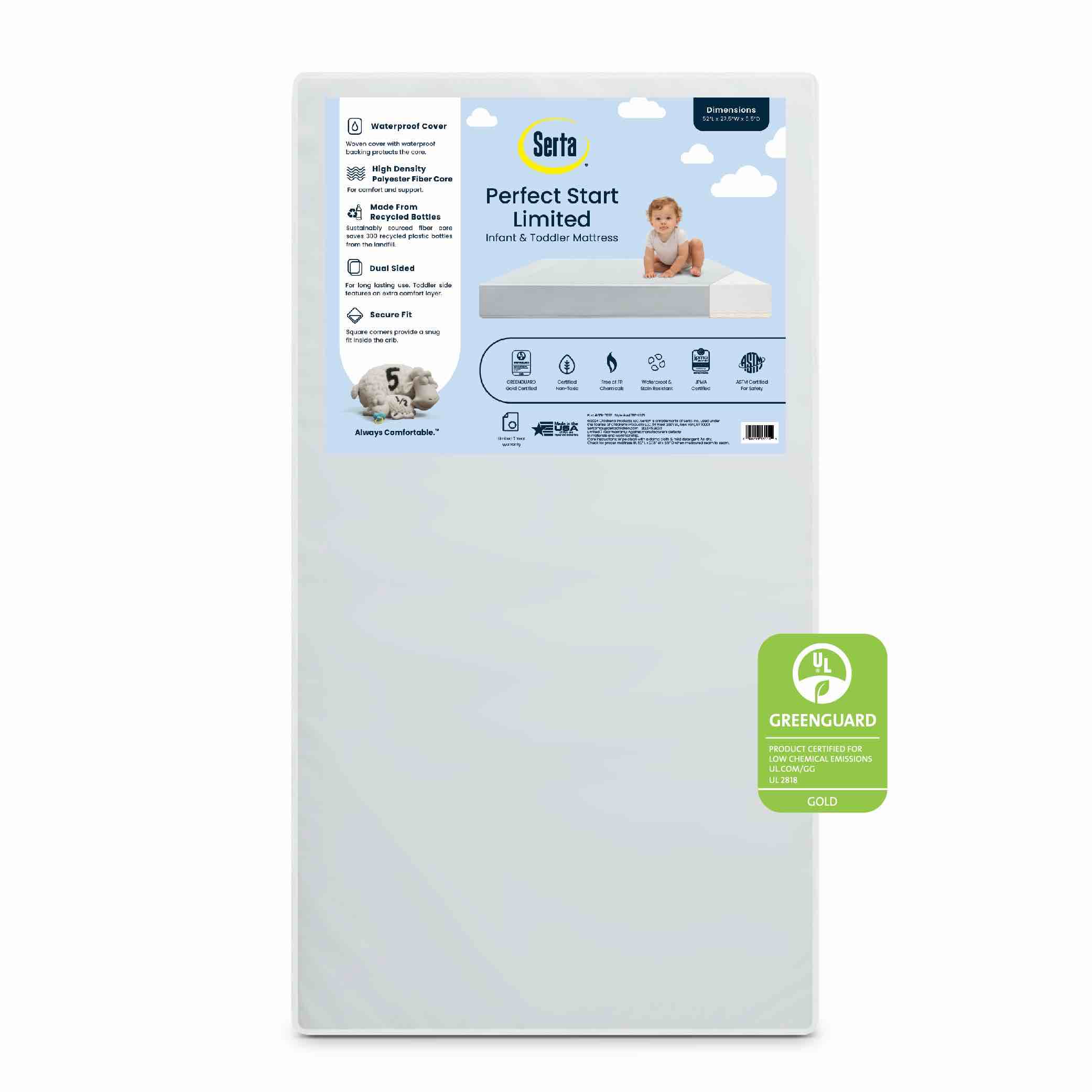Serta Perfect Start Limited Dual Sided Baby Crib Mattress and Toddler Mattress, Breathable Fiber Core, GREENGUARD Gold Certified, Waterproof, 35 Year Warranty, Made in USA