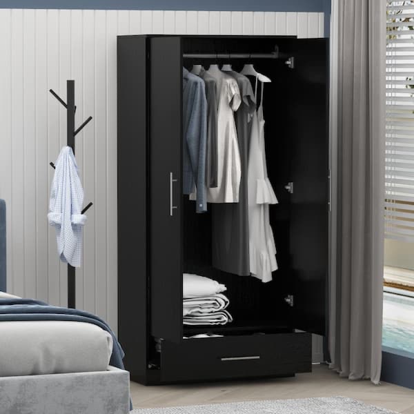 Black 2-Door Wardrobe Armoire with 1-Drawers and Hanging Rod 66.9 in. H x 31.5 in. W x 18.9 in. D