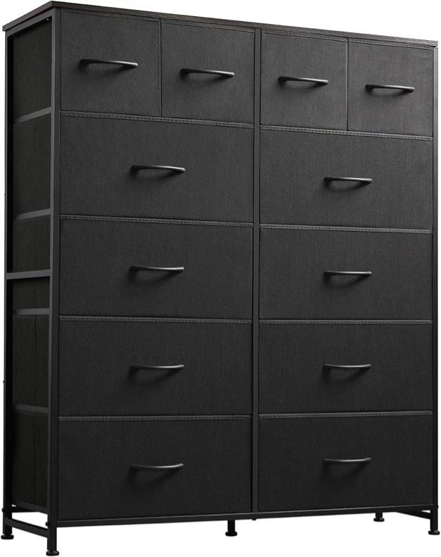 WLIVE Tall 12-Drawer Fabric Dresser - Steel Frame, Wood Top, Charcoal Black - For Bedroom Closet Storage