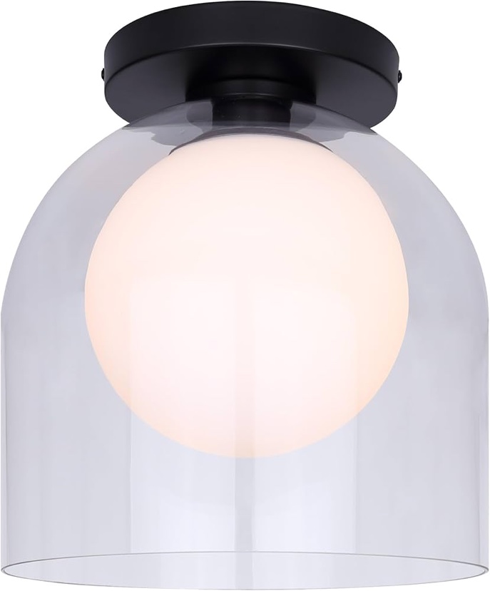 PELIA 11.875 in. 1-Light 60-Watt Modern Black Flush Mount with Clear and Flat Opal Glass Shade