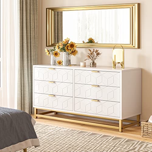 GARVEE White 6 Drawer Dresser for Bedroom, Wood Chest of Drawers with Metal Legs, Modern Storage Dresser Chest Cabinet Organizer, Large Dresser for Living Room, Hallway, Closet
