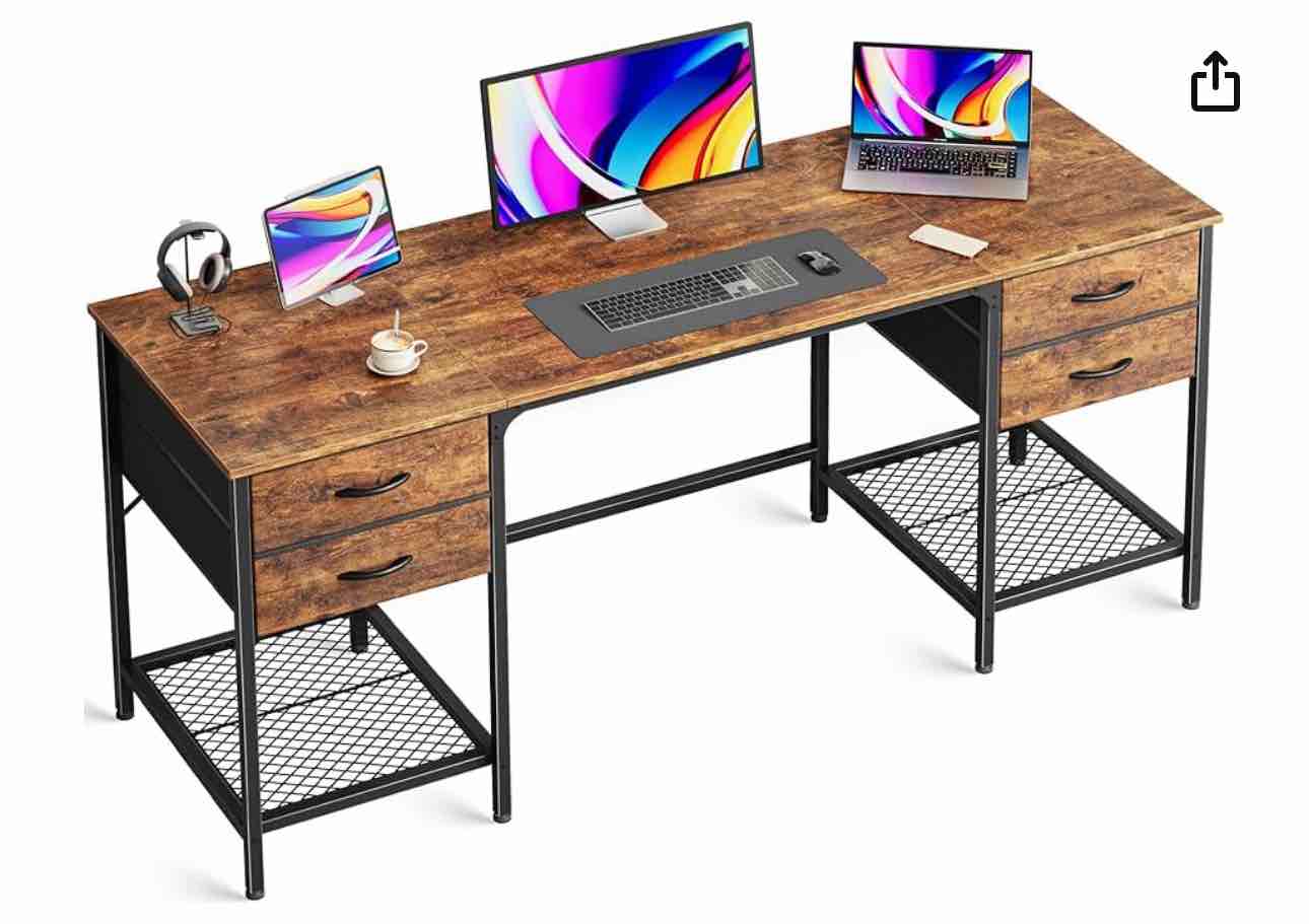 63 Inch Computer Desk with 4 Drawers, Office Desk with Mesh Shelf, Gaming Desk, Large Storage, Writing Desk Work Desk for Home Office, Study, Bedroom, Work from Home, Rustic Brown