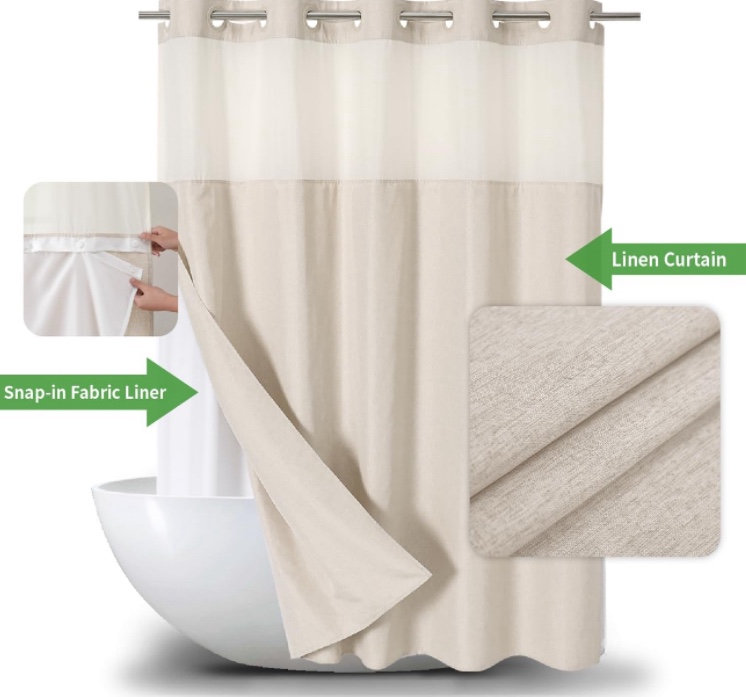 No Hooks Needed Linen Textured Shower Curtain with Snap-in Fabric Liner Set,Hotel Luxury Decor Shower Curtains for Bathroom with See Through Top Window,Waterproof & Washable,71Wx74H,Cream